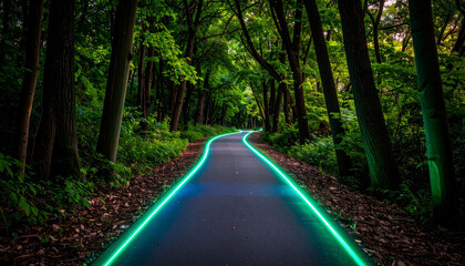 Fototapeta premium Bioluminescent Forest Bike Path Powered by Motion