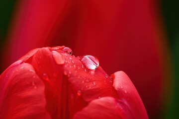 Close-Up of Red Tulip Petal with Water Droplets and Soft Background