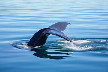 Majestic Whale Tail Breaking Surface in Calm Ocean Waters