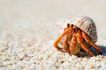 Colorful Hermit Crab Crawling on Sandy Beach with Shells Nearby