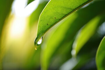 Close-up of Water Droplet on Green Leaf with Blurred Background