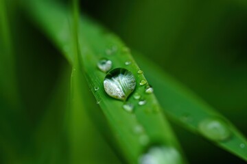 Close-Up of Water Droplet on Green Leaf with Soft Focus Background