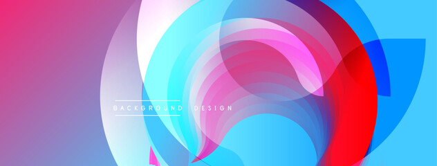 Abstract colorful layers create dynamic circular design. Gradient shades blend, forming modern background. Vivid hues attract attention.