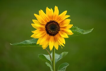 Bright Yellow Sunflower with Green Leaves on Blurred Background