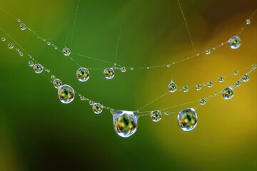 Dew Drops on Spider Web in Nature's Vibrant Green Background