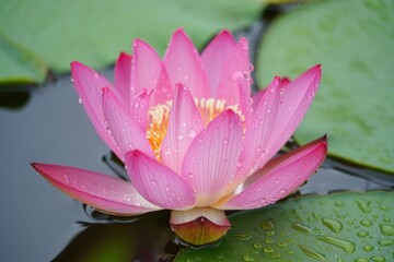 Beautiful Pink Water Lily Blossom with Water Droplets on Petals