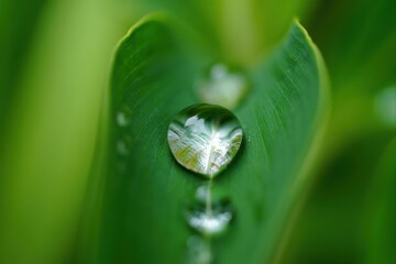 Close-up Macro of Water Droplet on Green Leaf Capturing Nature's Beauty