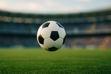 Soccer Ball in Mid-Air Above Green Field in Stadium Setting