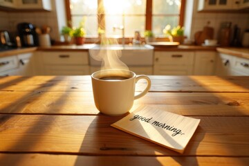 Warm Cup of Coffee on Wooden Table with Morning Sunshine Glow