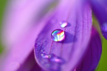 Close-Up of Raindrop Reflecting Colorful Light on Purple Petal