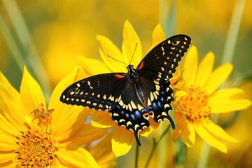 Vibrant Butterfly Perched on Bright Yellow Flower in Natural Setting