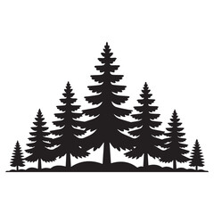 Majestic evergreen trees silhouette against a white background ideal for nature designs, winter themes, and holiday cards.