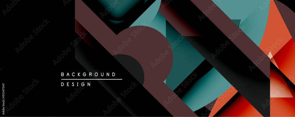 Aufkleber abstract geometric design features overlapping layers, dark background, teal, maroon, orange hues. m
