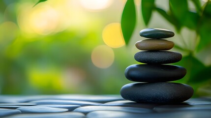 Obraz premium Zen stones stacked on a wooden table with green leaves in a tranquil nature background