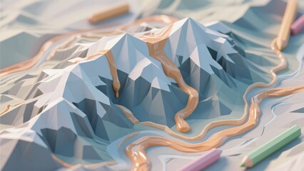 Stylized Mountain Landscape with Winding Paths and Pastel Colors