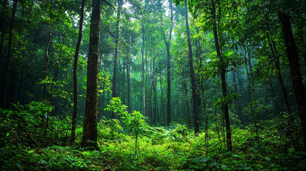 Obraz premium A natural forest teems with life, from tall trees and colorful undergrowth to various creatures that inhabit this ecosystem