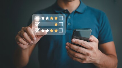 Person interacting with a digital rating system on a smartphone.