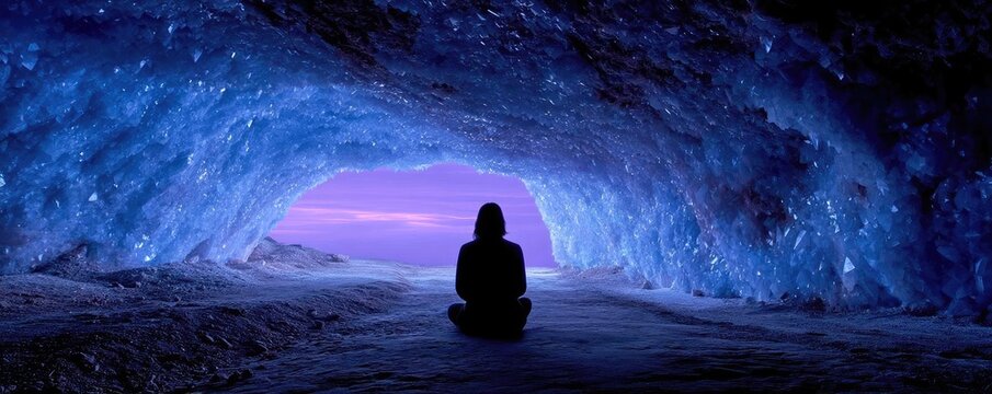 Nature escape through therapy with serenity and peace concept. A serene figure meditates in a mystical cave of blue light.