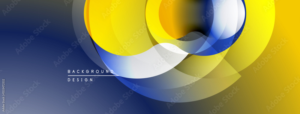Aufkleber Abstract design features overlapping circles, gradients. Blue, yellow, white hues create dynamic visual effect. Modern background texture.