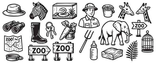 Obraz premium Zoo Keeper Set with Elephant, Giraffe, Hat, Boots, and Animal Feed Black and White Vector Illustration