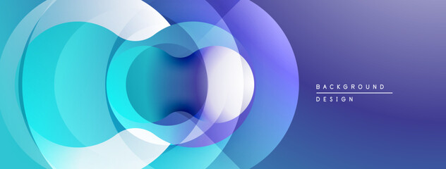 Abstract circles overlap, creating fluid shapes. Blue, purple hues dominate design. Modern, vibrant background texture.