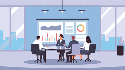 Business meeting with presentation of charts and graphs in a modern office with large windows view scene