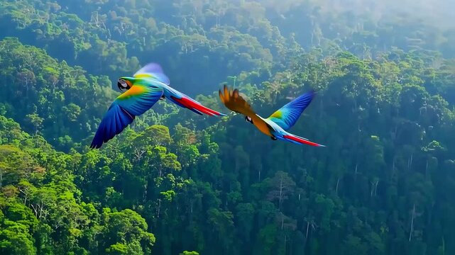 Two colorful macaws flying over lush tropical rainforest in seamless 4K aerial video