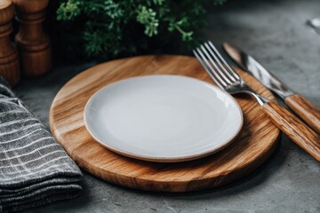 A minimalist tablescape features a small white plate atop a round wooden board, accompanied by a fork and knife with wooden handles, a linen napkin, and fresh herbs