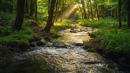 Obraz premium A serene and welcoming image of a meandering brook flowing through a woodland, showcasing gentle rays of sunlight seeping through foliage and creating a mesmerizing display on stream's tranquil surfac