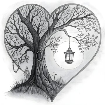 This is a poignant sketch depicting a tree within a heart-shaped frame, suggesting themes of enduring love, memory, and perhaps a touch of gothic