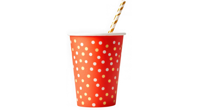 Red polka dot paper cup with straw isolated on transparent background