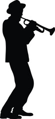 Trumpet player silhouette. Jazz musical instrument trumpeter silhouette isolated on white background. Vector Illustration	