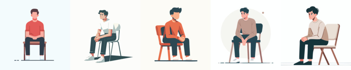 Flat Vector Illustration of Men Sitting Calmly – Minimalist Set for Editorial and Emotional Content