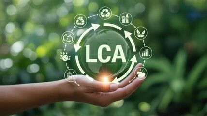 Hand holding a digital representation of life cycle assessment.
