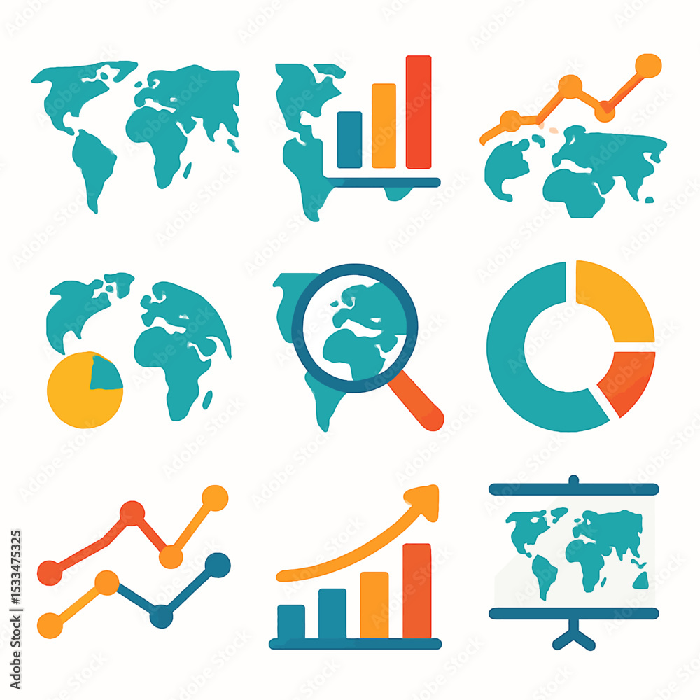 Poster global business analytics and worldwide data visualization icons set in vector style