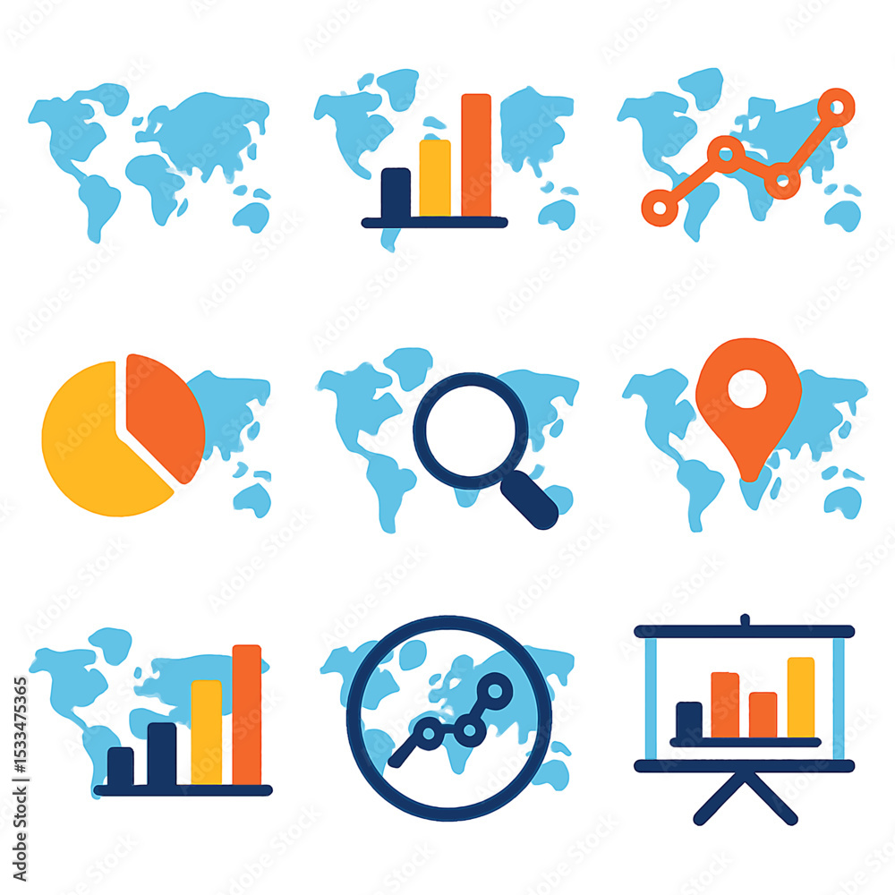 Poster global business data visualization icons showing charts and world map concepts