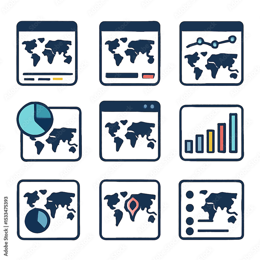 Poster global data visualization icons representing worldwide analytics and statistics
