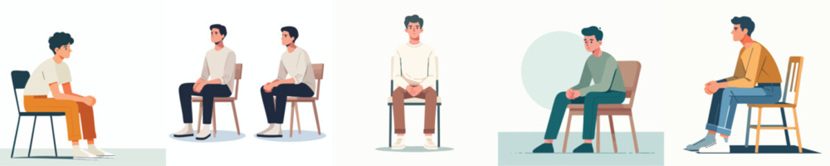 Flat Vector Set of Men Sitting in Silence – Minimalist Clean Design for Editorial Use