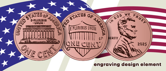 Vector engraving, design element. Set modern US 1 cent. Obverse and reverse of change coin of United States of America. American money. One. Sample. Flag