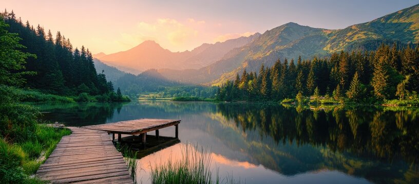 Serene sunrise over a tranquil mountain lake, reflected in still waters, wooden dock extends invitingly