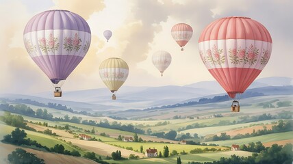 Fototapeta premium Scenic Hot Air Balloon Ride: Peaceful Countryside Vista