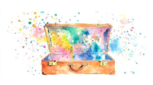 An open suitcase bursts with vibrant watercolor dreams symbolizing journeys filled with color adventure and new