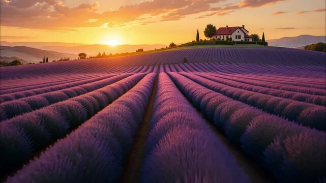 A vast field of blooming lavender glows in the golden light of sunset, with rows of purple stretching toward a charming farmhouse in the distance&mdash;an idyllic, aromatic landscape that evokes peace, summ