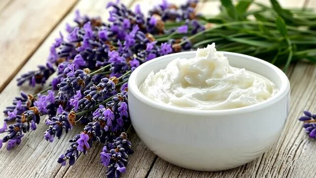 Lavender Delight: Aromatic lavender flowers and a creamy white bowl of shea butter sits on a rustic wooden surface, evoking a sense of tranquility and natural beauty.