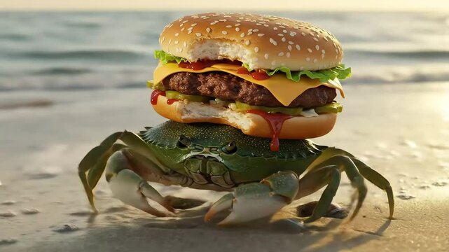 A sea crab is carrying a burger in its shell