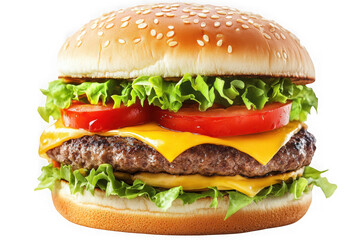 Delicious double cheeseburger with lettuce, tomato, and cheese on a sesame seed bun, perfect for fast food lovers isolated on transparent background