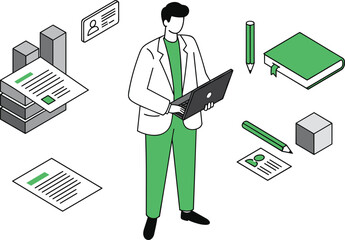 Business professional using laptop surrounded by office documents, ID card, book, pencil, and data chart icons representing digital workplace, productivity, remote job, flat vector illustration