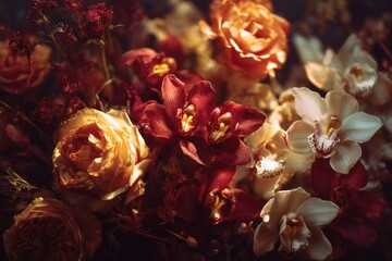 Luxurious autumnal floral arrangement, featuring rich burgundy orchids, warm peach roses, and dried accents, bathed in dramatic lighting