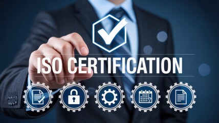 Businessperson interacting with a digital interface displaying iso certification.