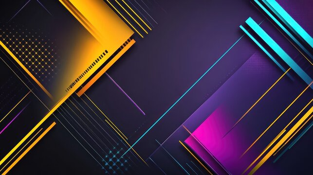 Fototapeta A bold, dynamic abstract background with glowing geometric lines and neon elements in shades of purple, yellow, and teal cutting through a dark space